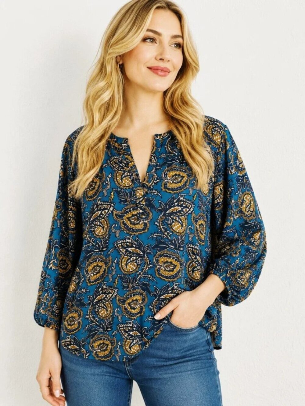 English Laundry Teal & Gold Paisley Split-Neck Tunic, Size Large